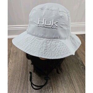HUK Performance Fishing Bucket Hat Boonie Light Gray Nylon Vented Chin Strap